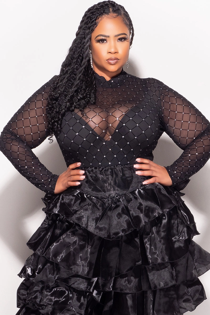 Final Sale Plus Size Bodysuit in Black with Diamond Pattern with Silver Bling Reinforced Stress Points LowProfileStitching