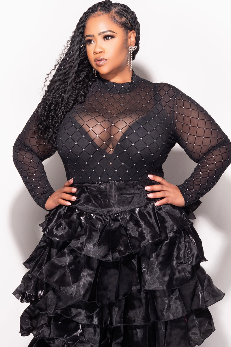 Final Sale Plus Size Bodysuit in Black with Diamond Pattern with Silver Bling Quick Wash Versatile Wear