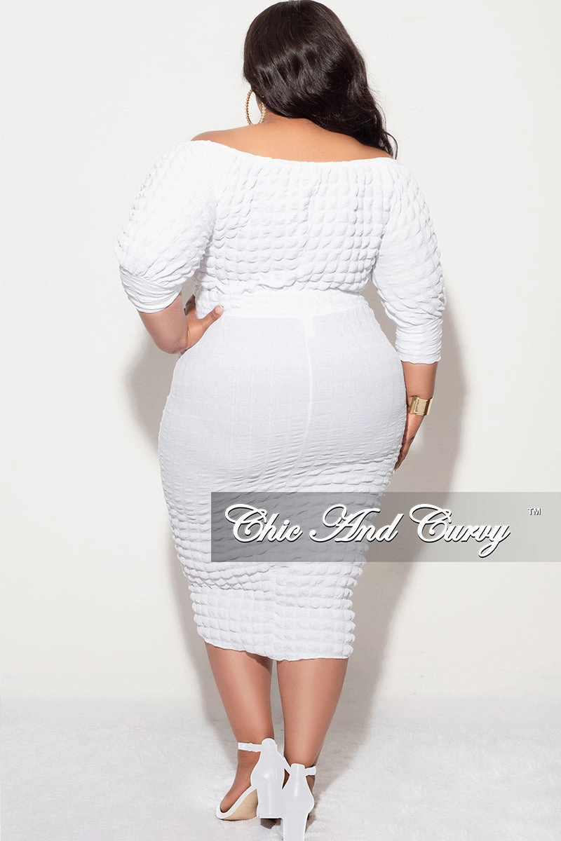 Warm design Body Ready Final Sale Plus Size Bubble Texture 2pc Set Off the Shoulder Crop Top and High Waist Skirt in White