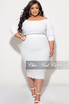 Outdoor activities Final Sale Plus Size Bubble Texture 2pc Set Off the Shoulder Crop Top and High Waist Skirt in White