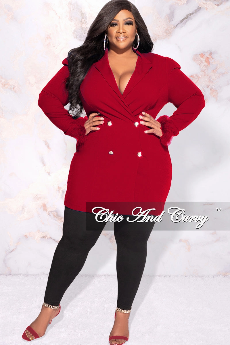 Final Sale Plus Size Button Blazer Dress with Feather Cuffs in Red AbrasionResistant Finish