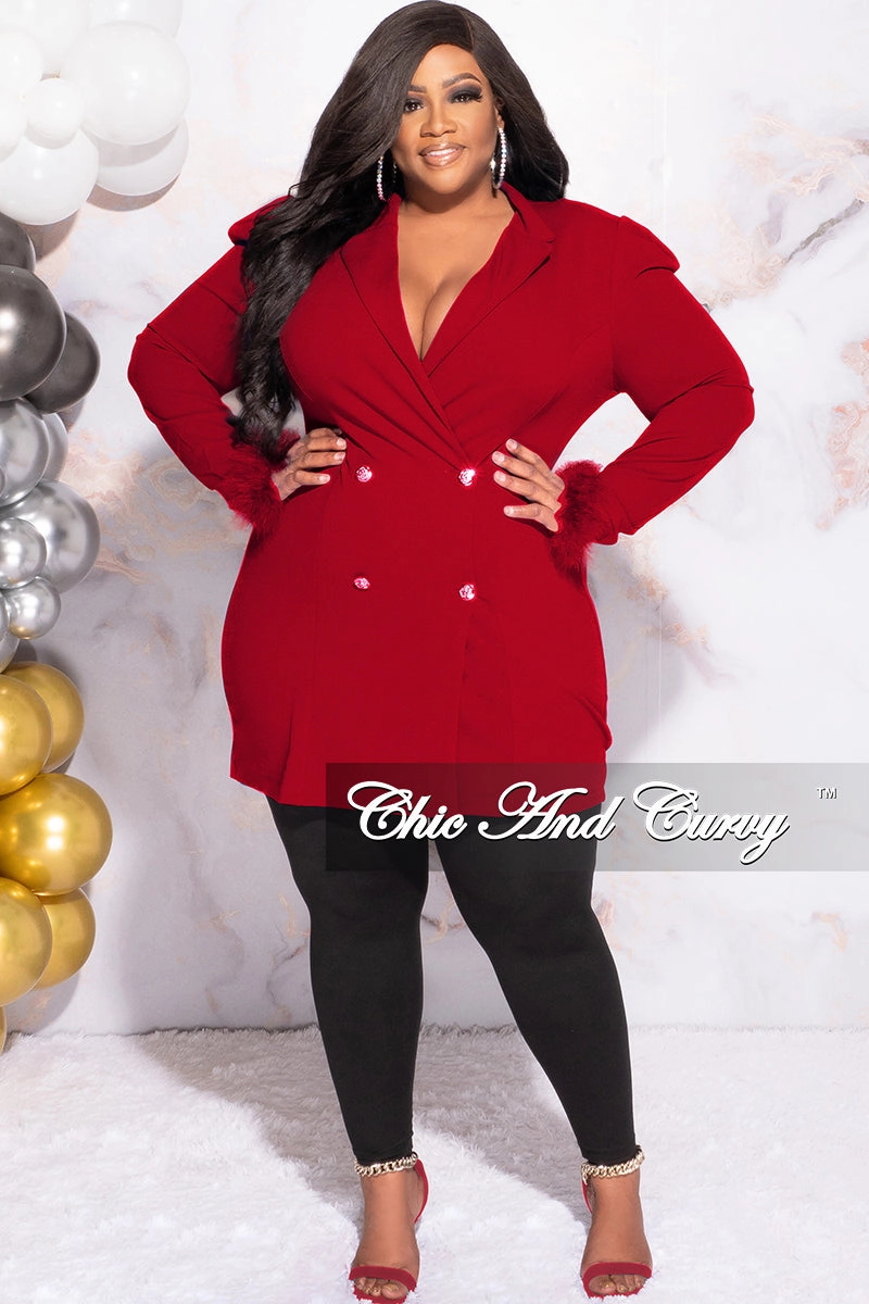 Four Way Stretch Material Final Sale Plus Size Button Blazer Dress with Feather Cuffs in Red