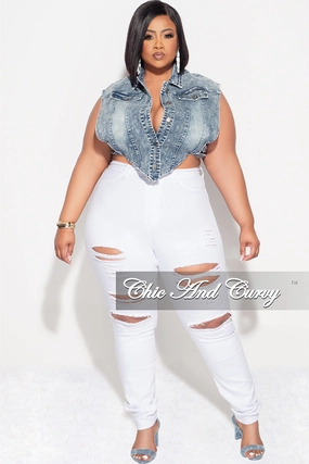 ElasticWaistband Final Sale Plus Size Button Up Collar Crop Vest with Cutout Sides in Denim Acid Wash