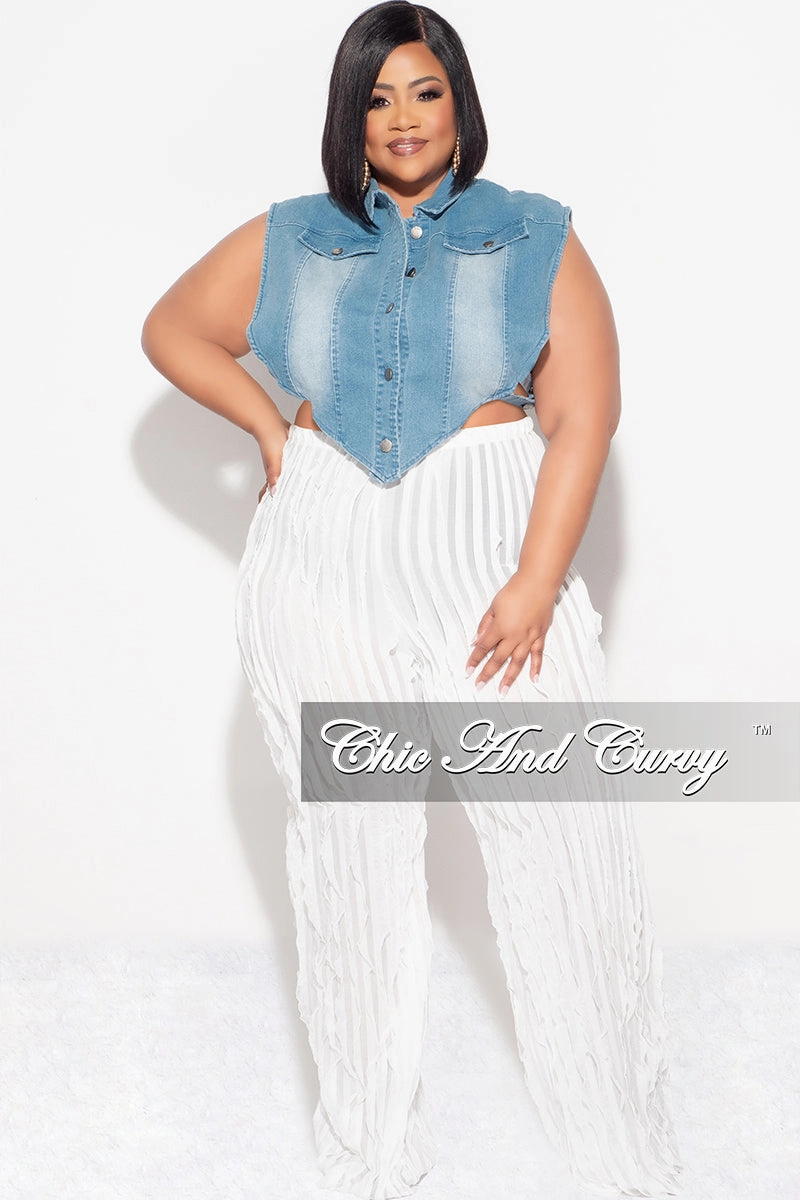 Decorative stitching Final Sale Plus Size Button Up Collar Crop Vest with Cutout Sides in Medium Denim (B Denim)