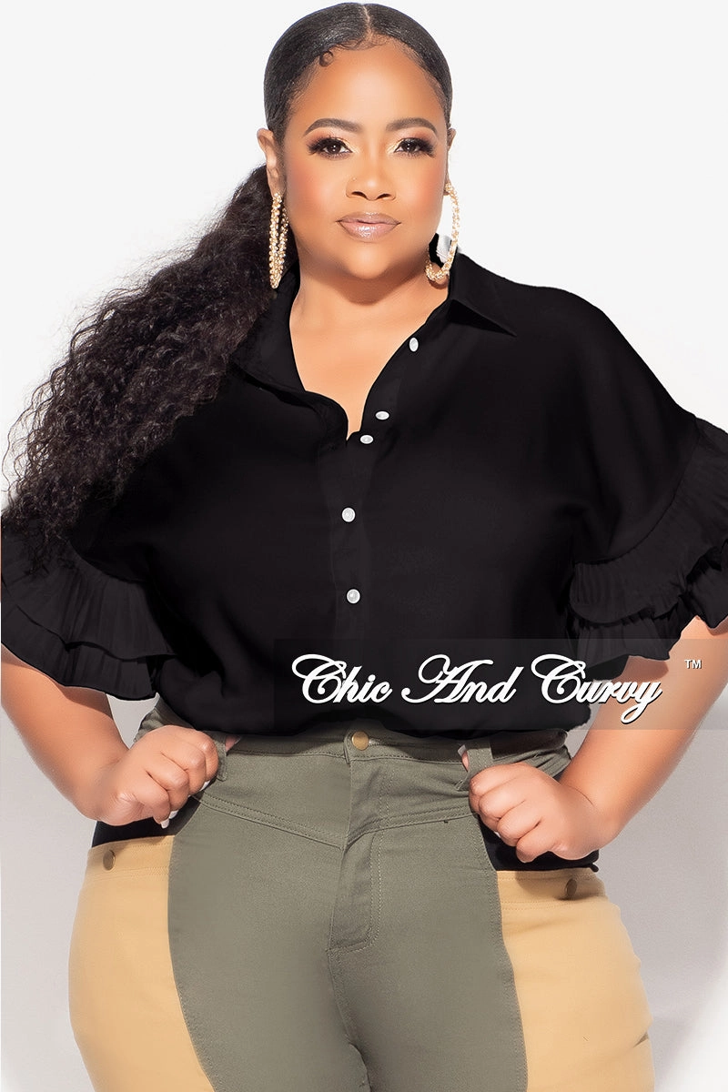 Final Sale Plus Size Button Up Collar Top with Pleated Ruffle Sleeves in Black Stretch Ready