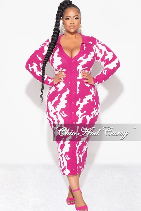 Slim Silhouette Final Sale Plus Size Button Up Midi Sweater Dress in Pink Fuchsia and Off White Design Print