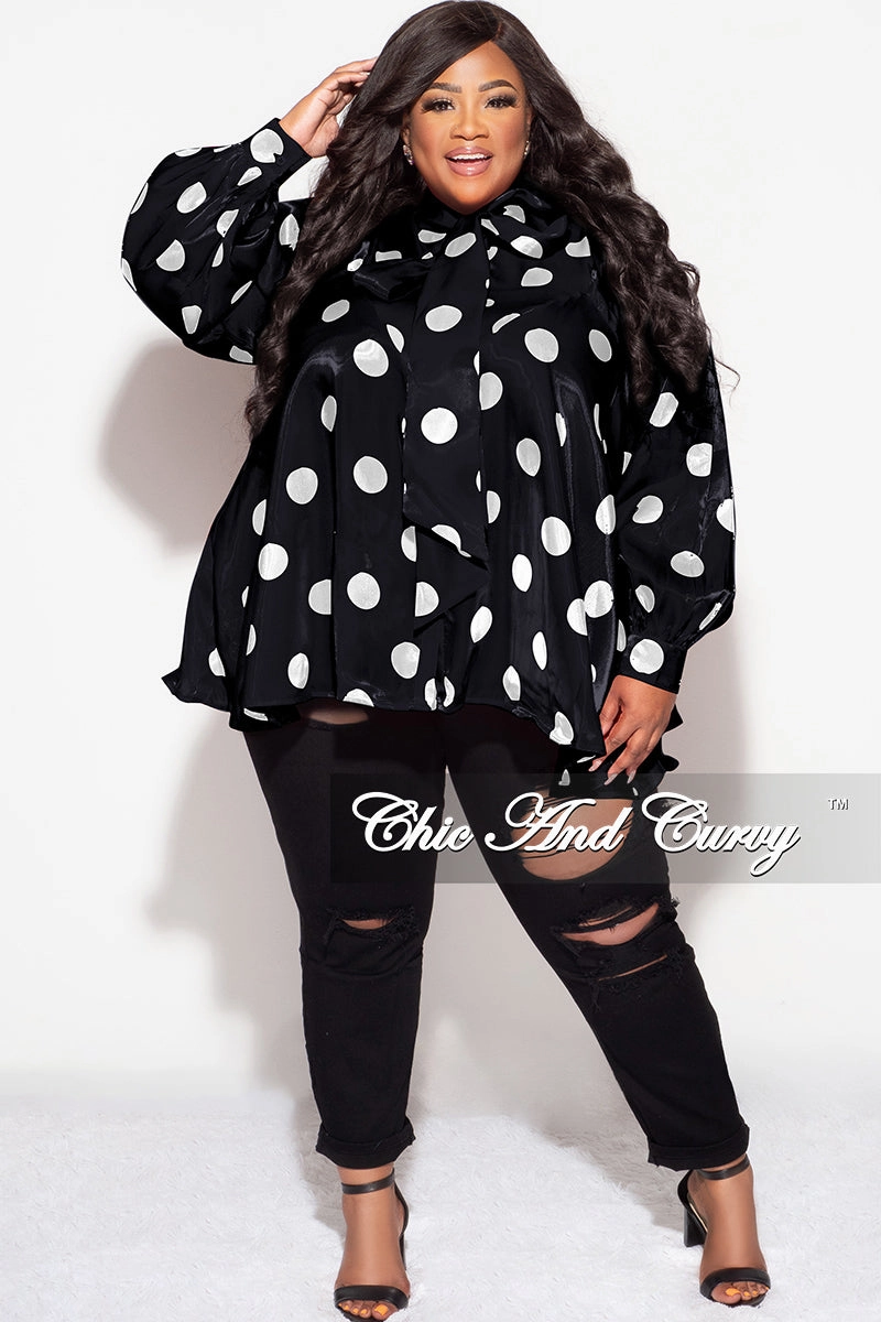 Final Sale Plus Size Button Up Oversized Neck Tie Top in Black and White Polka Dot SturdyBeltLoops Anti Snag Fabric