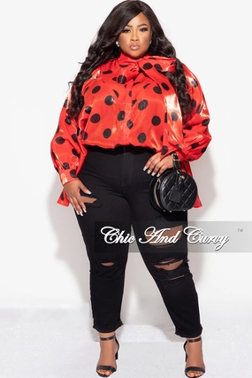 ComfortFit Office Friendly Final Sale Plus Size Button Up Oversized Neck Tie Top in Red and Black Polka Dot