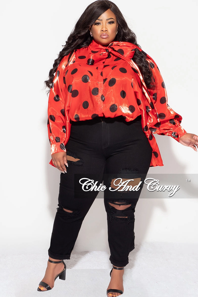 FlameRetardantTreatment Final Sale Plus Size Button Up Oversized Neck Tie Top in Red and Black Polka Dot