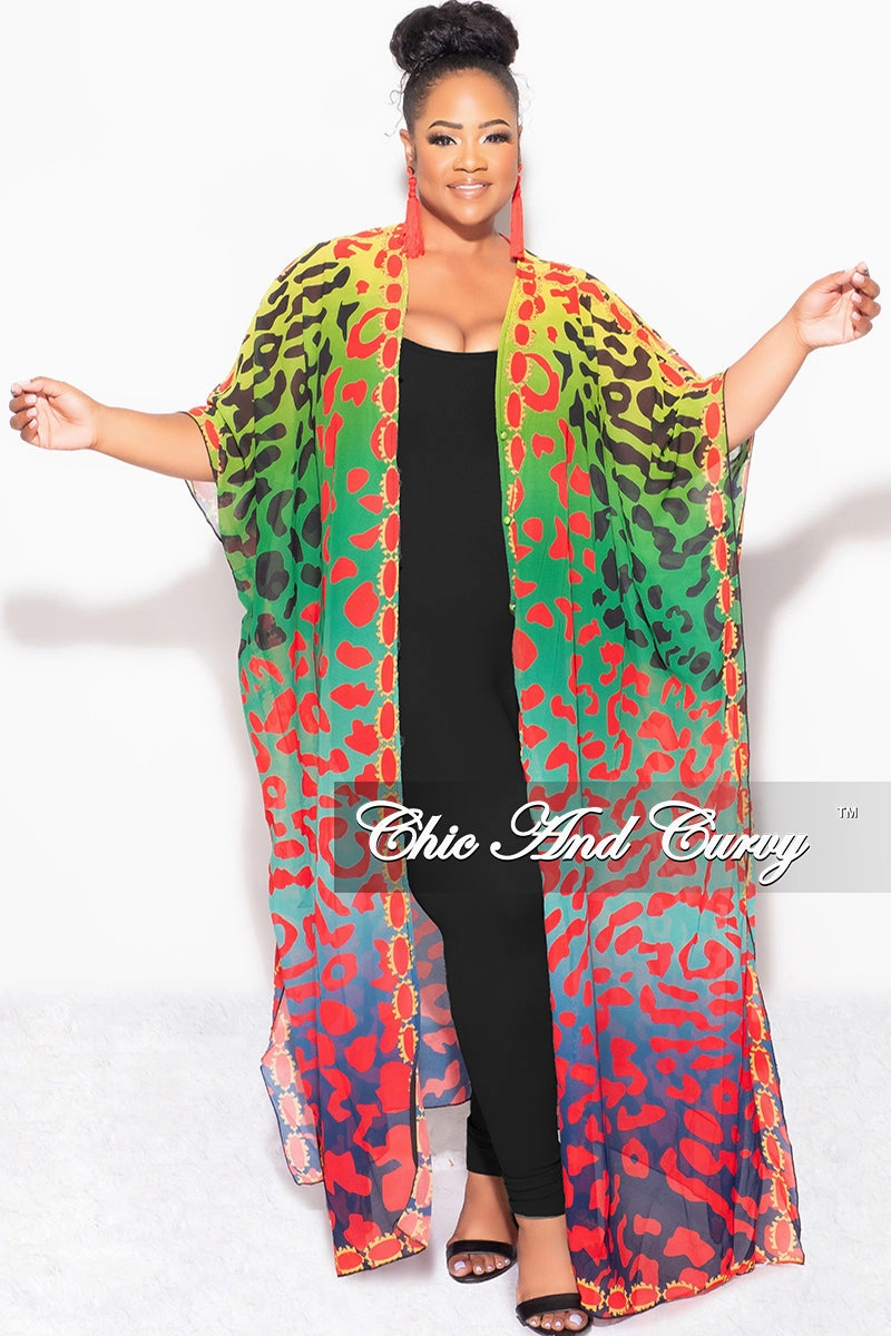 Final Sale Plus Size Caftan in Multi Color Spotted Print - Blue Version Cold Weather Wear