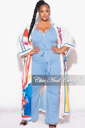 WrinkleFreeFabric Soft and Stretchy Final Sale Plus Size Caftan in White Multi Color Floral Print