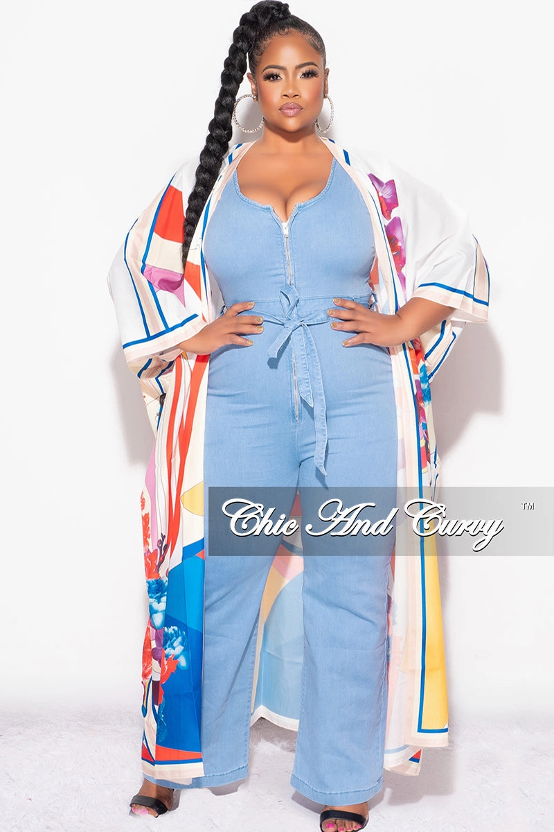 WrinkleFreeFabric Soft and Stretchy Final Sale Plus Size Caftan in White Multi Color Floral Print