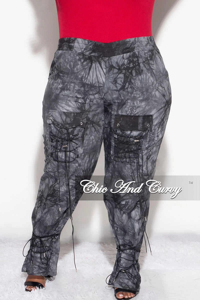 Wrinkle resistant fabric Laser Cut Perforations Final Sale Plus Size Cargo Joggers in Dark Grey Tie Dye