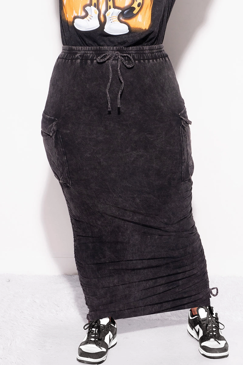 Final Sale Plus Size Cargo Ruched Skirt in Black Mineralized Fabric Durable Wear Smart Utility