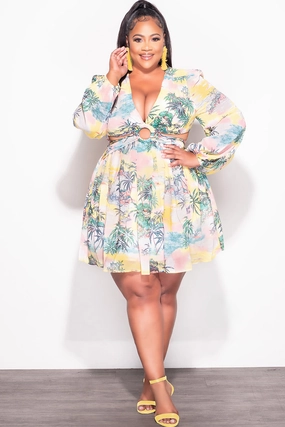 Performance Gear Final Sale Plus Size Chiffon Babydoll Dress with Cut Outs in Tropical Palm Print