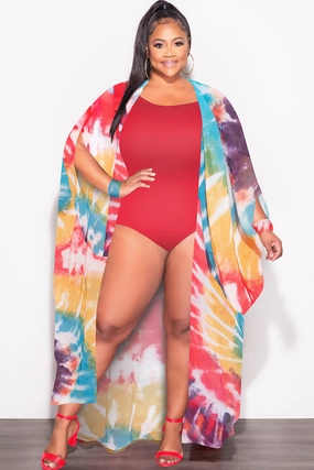 Timeless Fit Final Sale Plus Size Chiffon Duster With Wrist Cuff in Red /Purple Multi Tie Dye