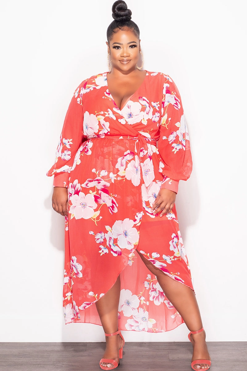 Fashionable Design Final Sale Plus Size Chiffon Faux Wrap Dress in Salmon Floral Print