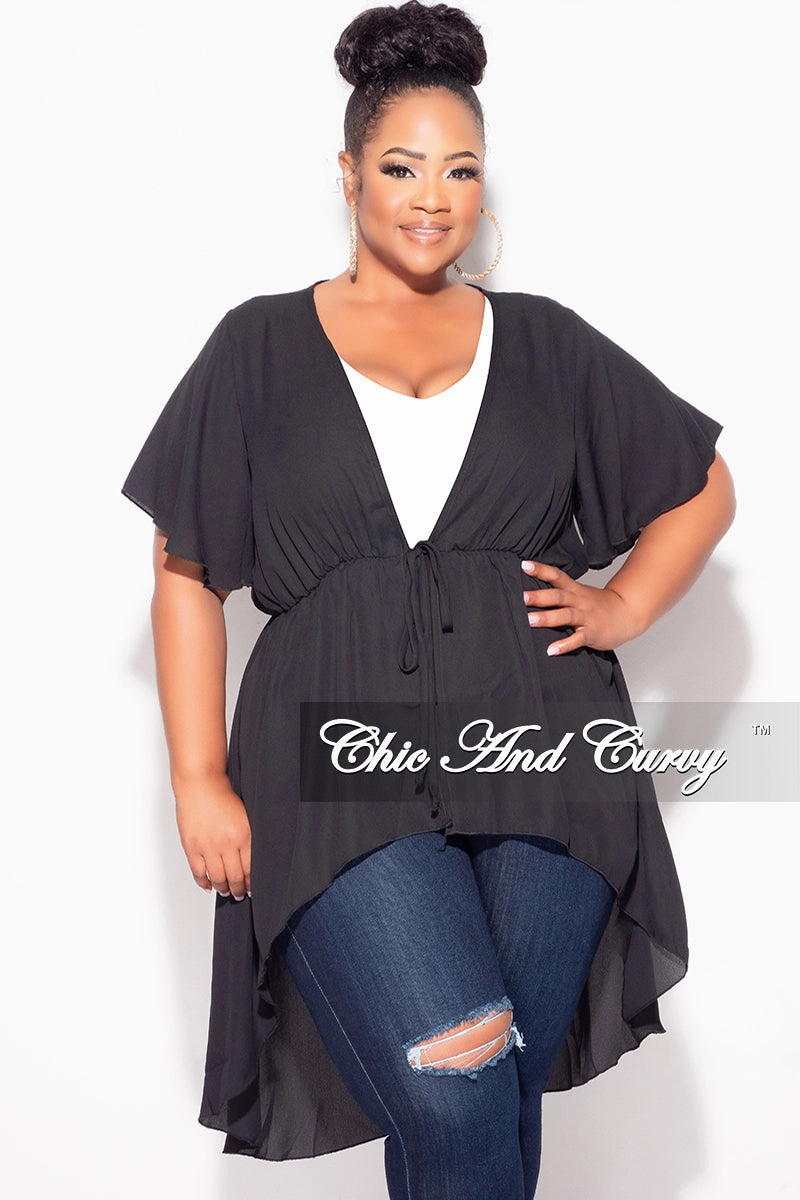 Cotton comfort Final Sale Plus Size Chiffon High-Low Duster / Dress with Front Drawstring in Black