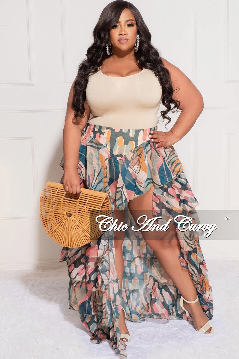 Low Bulk Design Durable Weave Final Sale Plus Size Chiffon High/Low Ruffle Tiered Skirt in Multi Color Design Print