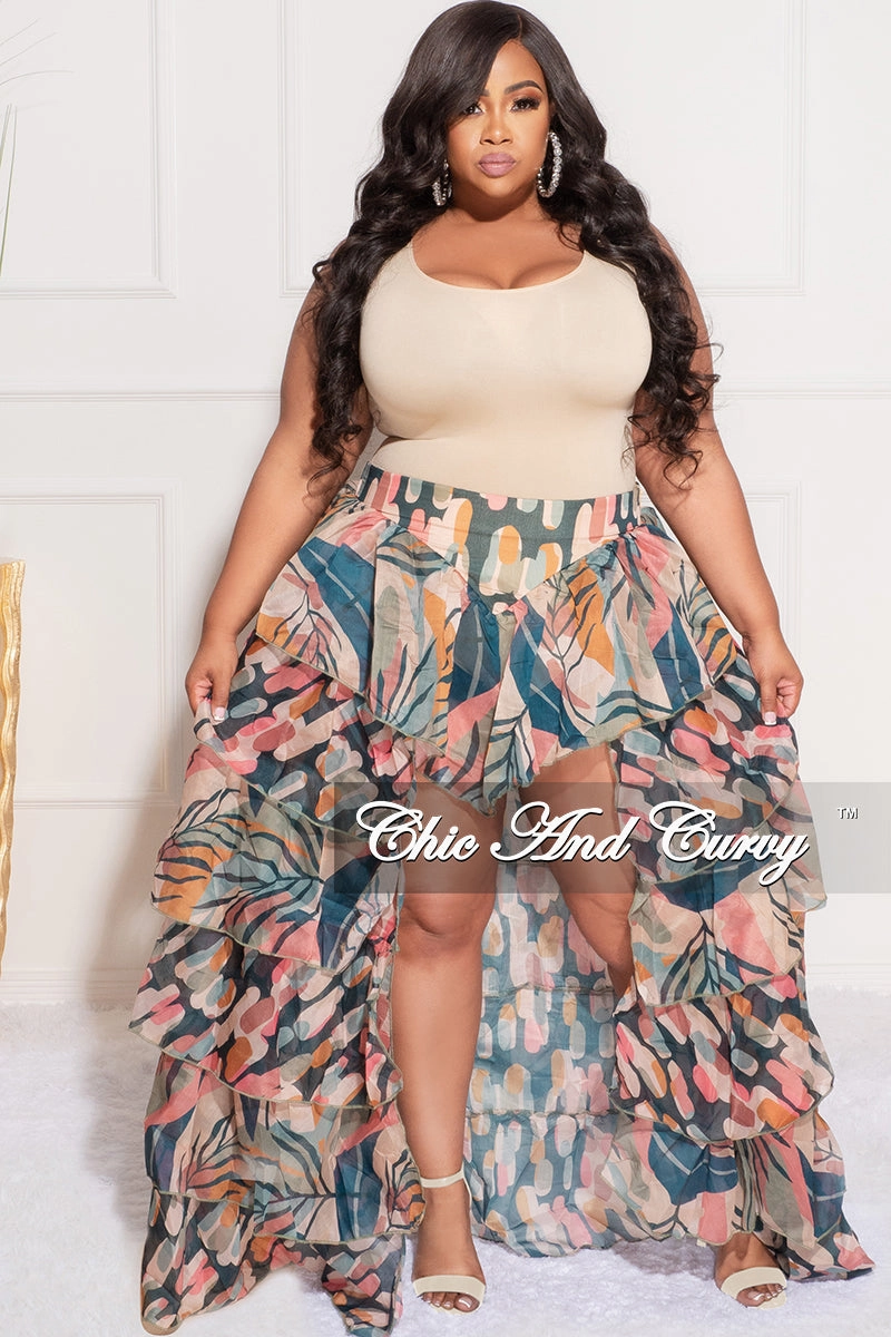Final Sale Plus Size Chiffon High/Low Ruffle Tiered Skirt in Multi Color Design Print Urban Style Chilly Layering