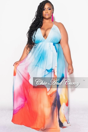 Snug Waist Ergonomic Cut Final Sale Plus Size Chiffon Maxi Dress with Open Back in Horizon Print