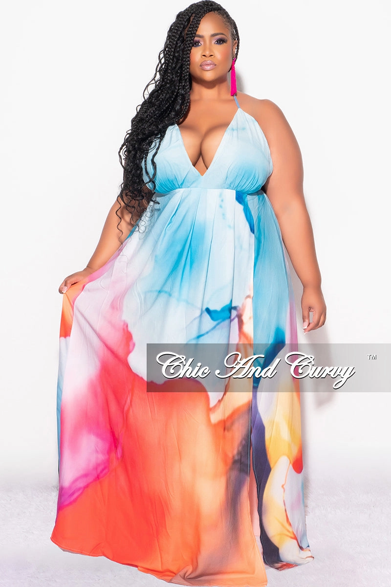 Snug Waist Ergonomic Cut Final Sale Plus Size Chiffon Maxi Dress with Open Back in Horizon Print