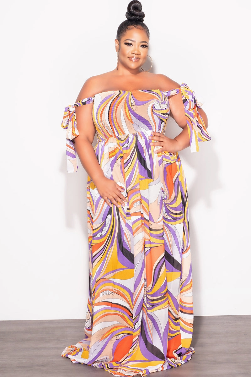 Final Sale Plus Size Chiffon Maxi Dress with Self Tie Shoulder Straps in Purple Multi Color Print Comfy Vibes Water Repellent Coating