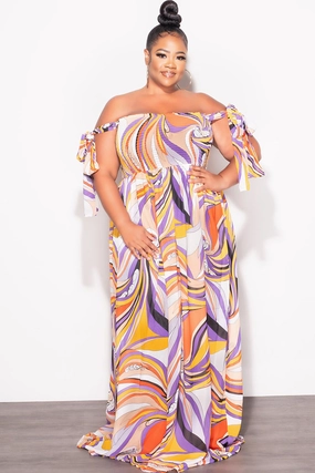 Final Sale Plus Size Chiffon Maxi Dress with Self Tie Shoulder Straps in Purple Multi Color Print Comfy Vibes Water Repellent Coating