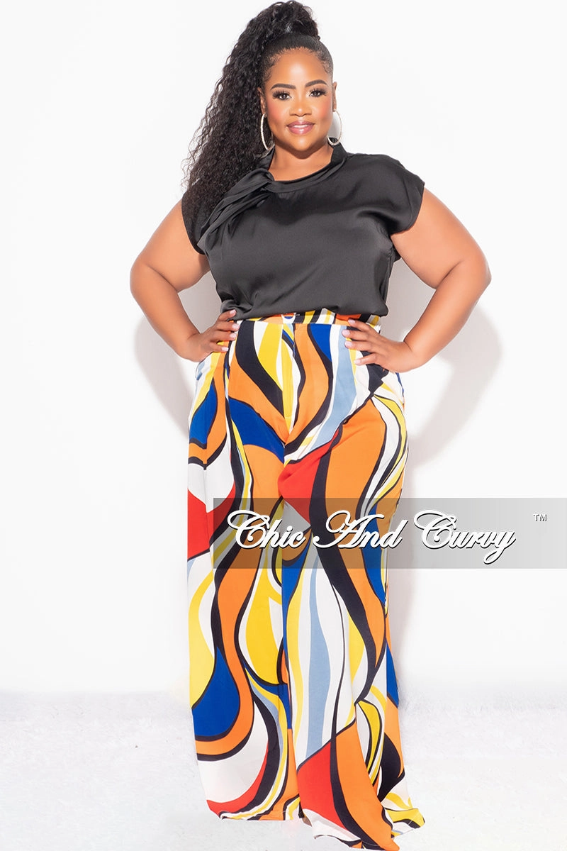 Final Sale Plus Size Chiffon Pants in Royal Blue Multi-Color Print Side Pockets