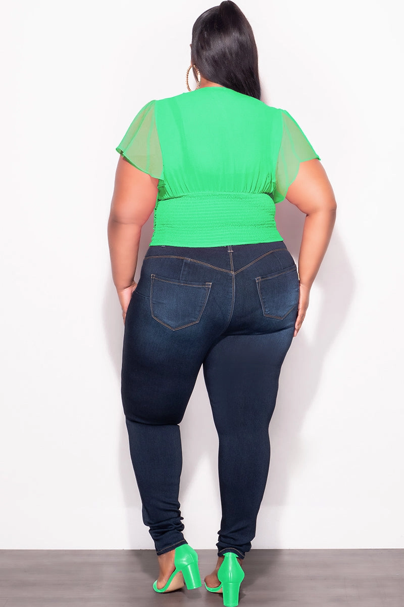 Final Sale Plus Size Chiffon Ruched Corset Blouse with Flutter Sleeves in Green Light wash