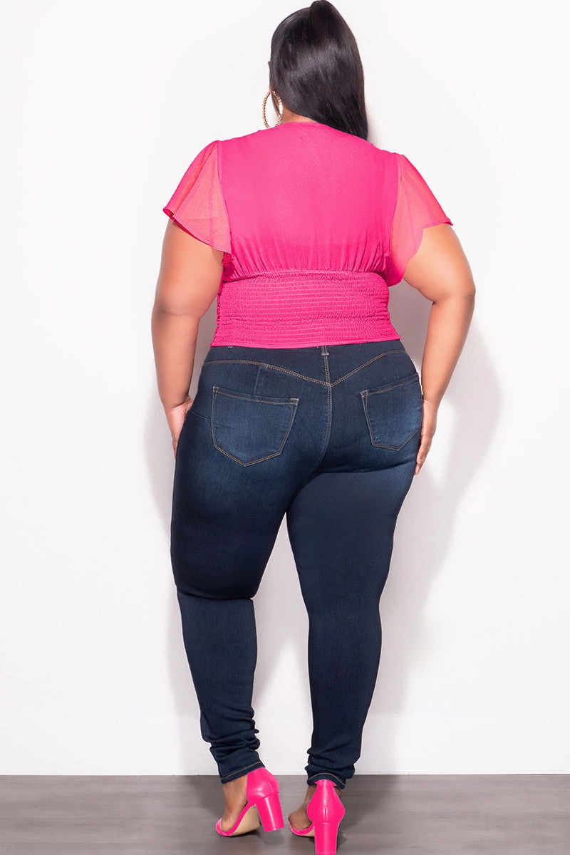 Casual Performance Fit Final Sale Plus Size Chiffon Ruched Corset Blouse with Flutter Sleeves in Hot Pink