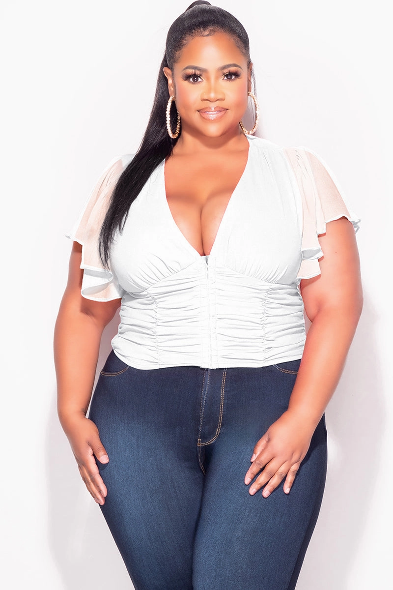 Final Sale Plus Size Chiffon Ruched Corset Blouse with Flutter Sleeves in White Layer Comfort