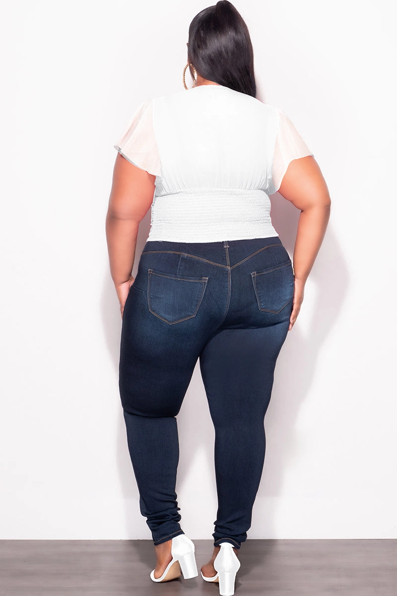 Final Sale Plus Size Chiffon Ruched Corset Blouse with Flutter Sleeves in White relaxed shape