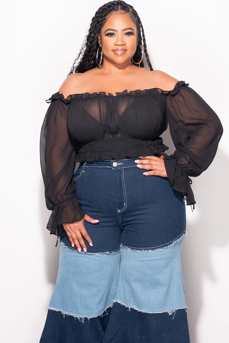 AbrasionGuardTape Layered Comfort Final Sale Plus Size Chiffon Sheer Balloon Sleeve Crop Top in Black