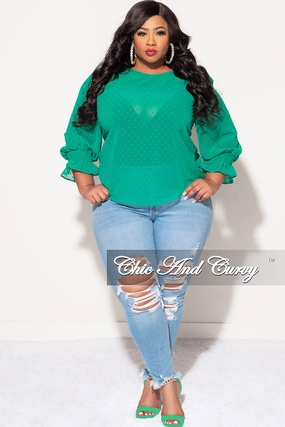 Final Sale Plus Size Chiffon Sheer Top with Dot Embossing in Green Light Stretch Adaptive Fit