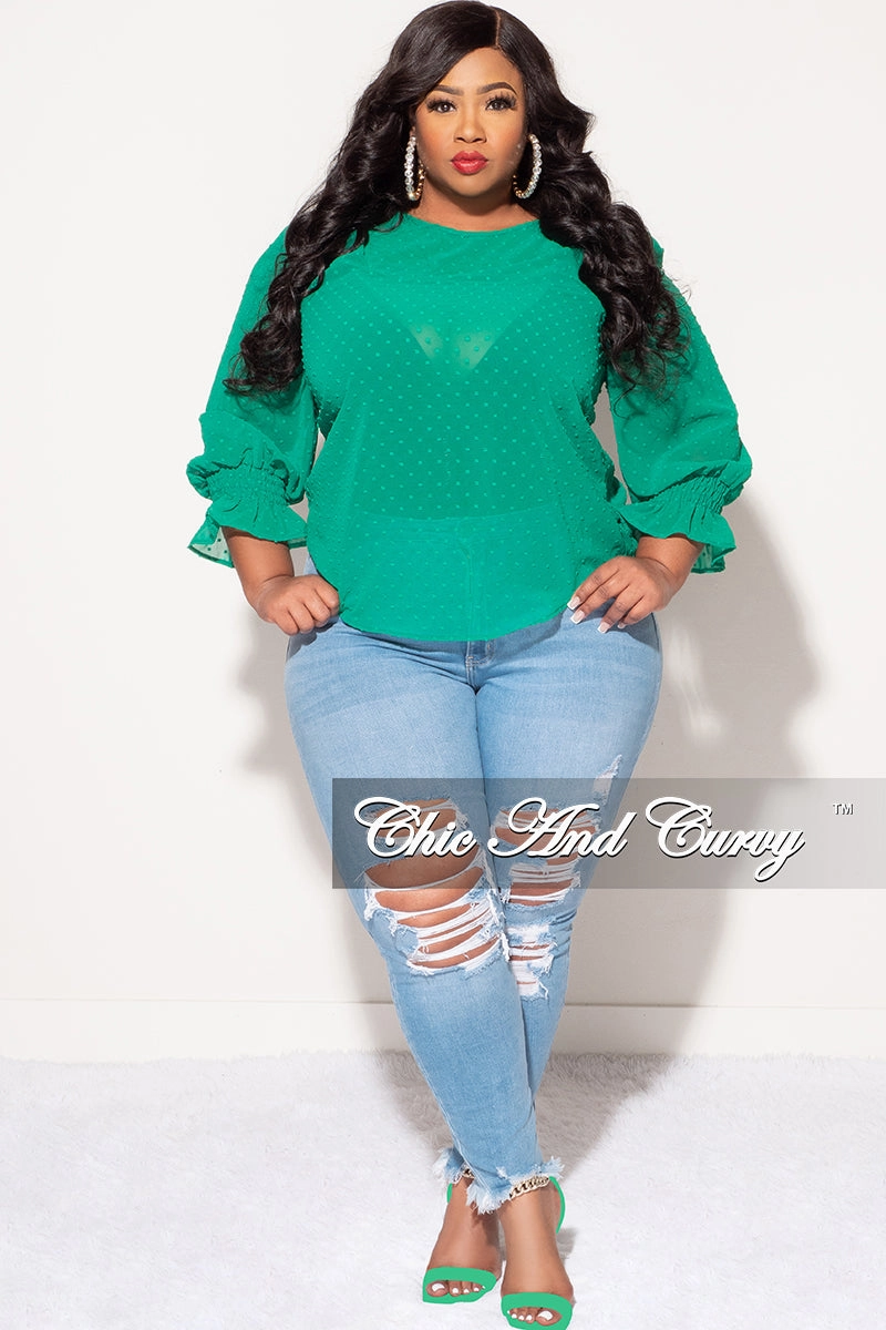 Final Sale Plus Size Chiffon Sheer Top with Dot Embossing in Green Light Stretch Adaptive Fit