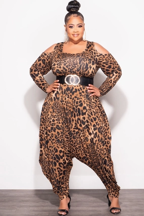 Final Sale Plus Size Cold Shoulder Harem Jumpsuit in Animal Print Layering Piece LowProfileTopstitching
