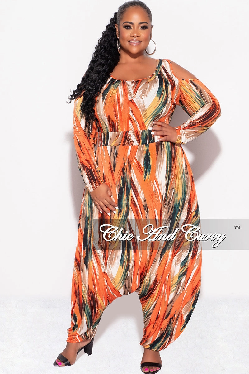 Breathable Comfort Design Stable Shape Final Sale Plus Size Cold Shoulder Harem Jumpsuit in Orange Multi-Print