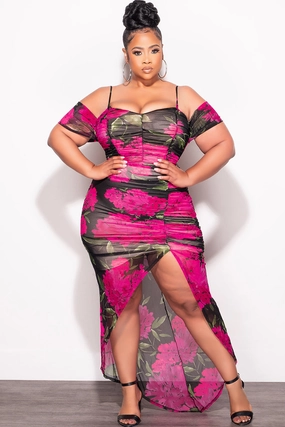 Compact Packability Layer Fit Final Sale Plus Size Cold Shoulder Ruched Sheer Dress in Fuchsia Floral Print