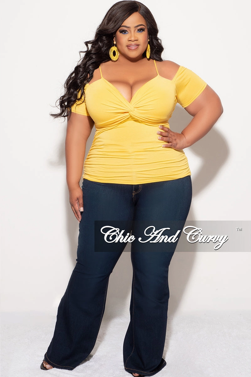 Reflective Trim Options Flexible Fit Final Sale Plus Size Cold Shoulder Top in Mustard Yellow
