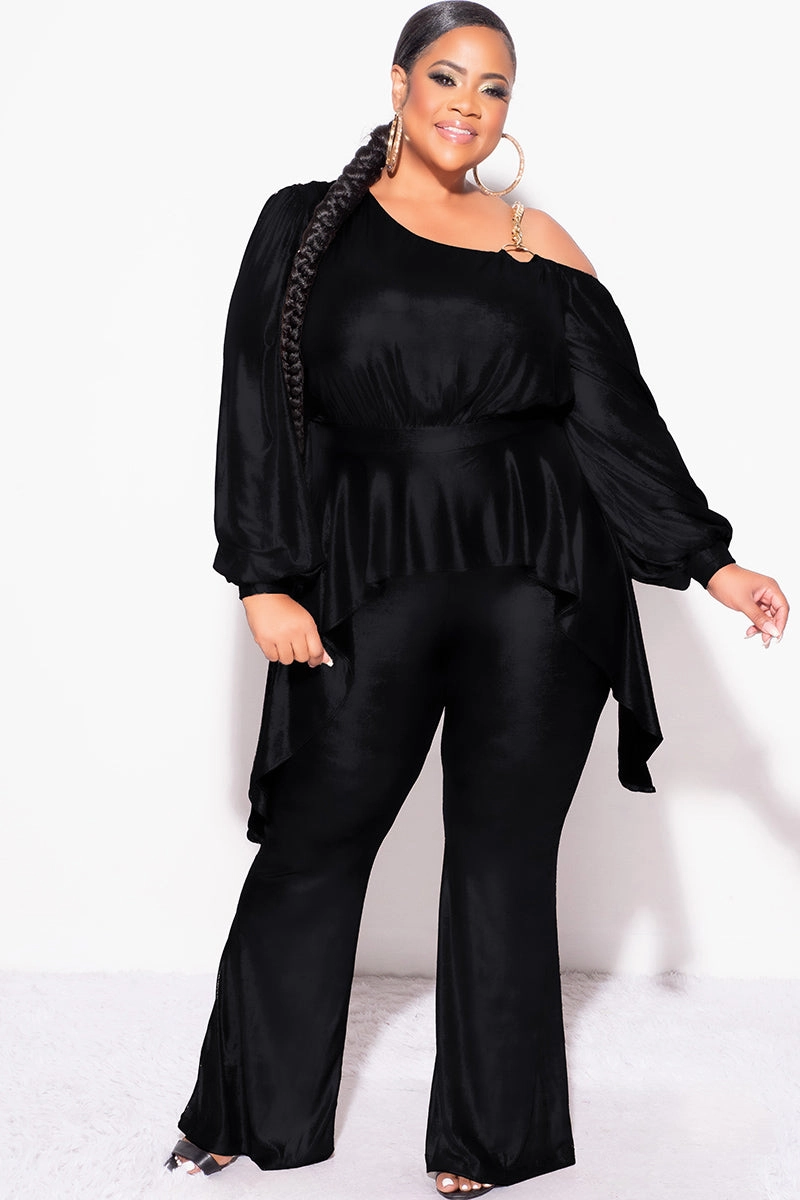 Final Sale Plus Size Cold Shoulder with Gold Chain & Asymmetrical Ruffle Peplum Jumpsuit in Black ContrastPlacket