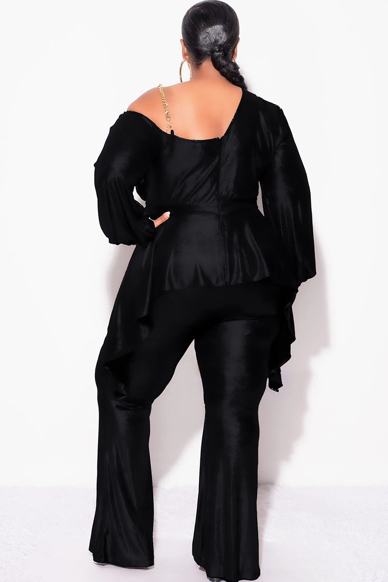 Final Sale Plus Size Cold Shoulder with Gold Chain & Asymmetrical Ruffle Peplum Jumpsuit in Black Loose cut RawHemDetail