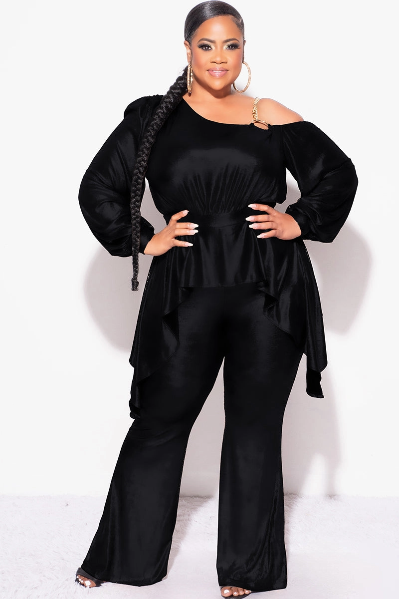 All-Purpose Wear Thermal Regulating Design Final Sale Plus Size Cold Shoulder with Gold Chain & Asymmetrical Ruffle Peplum Jumpsuit in Black