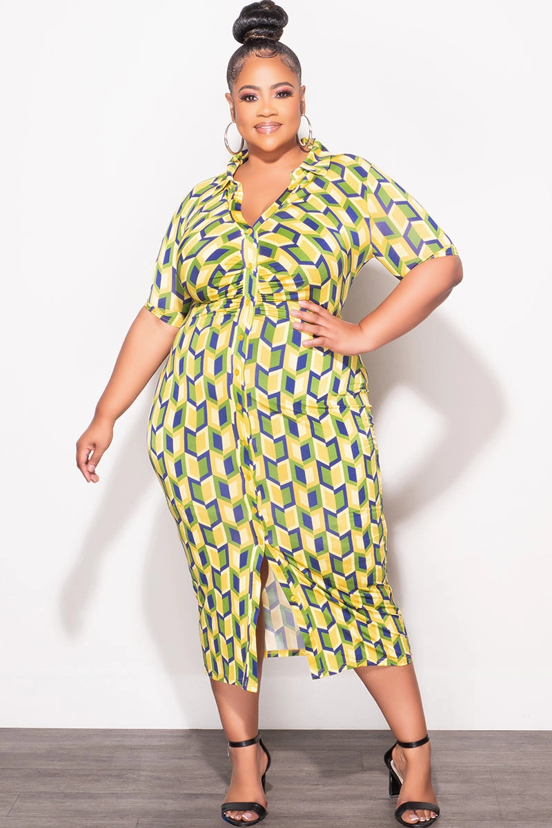 Final Sale Plus Size Collar Button Up BodyCon Dress in Blue, Green & Yellow Timeless Appeal
