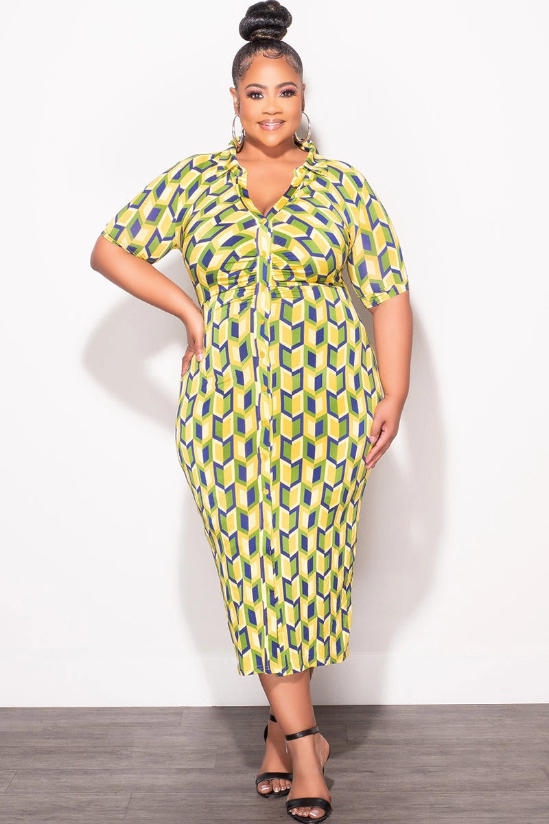 PermeableCloth Final Sale Plus Size Collar Button Up BodyCon Dress in Blue, Green & Yellow