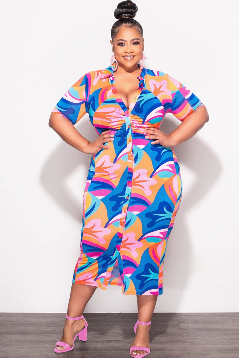 Final Sale Plus Size Collar Button Up BodyCon Dress In Multi Color "Mercy Me" Print Cool Comfort smooth zipper