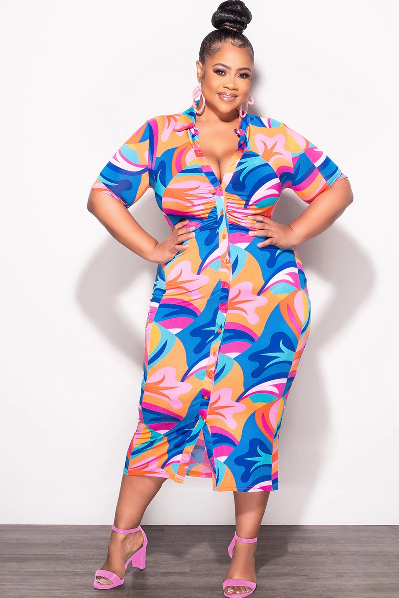 Final Sale Plus Size Collar Button Up BodyCon Dress In Multi Color "Mercy Me" Print Stretchy Waist Perfect Design
