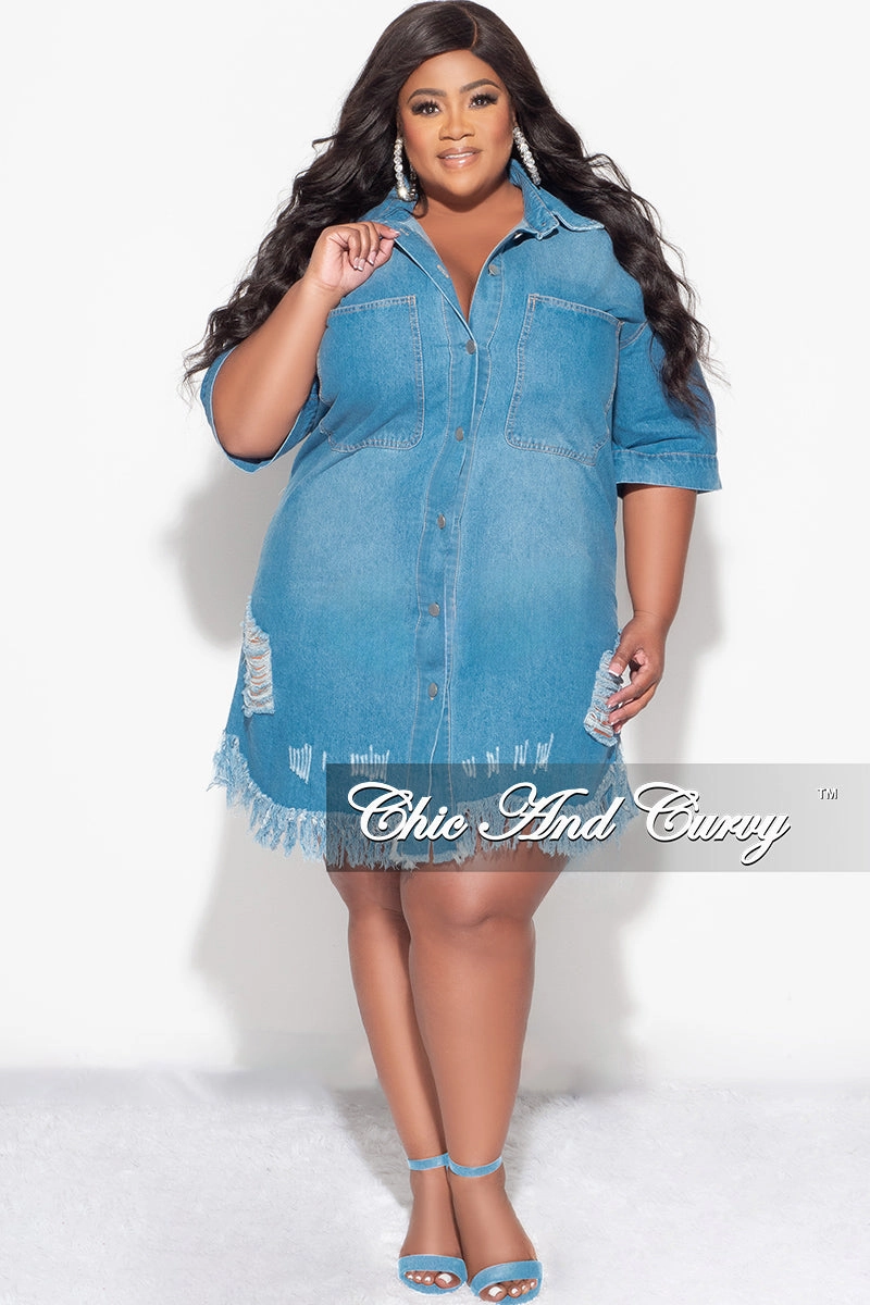 Unisex style Cozy Fit Final Sale Plus Size Collar Button Up Denim Distressed Dress in Light Denim