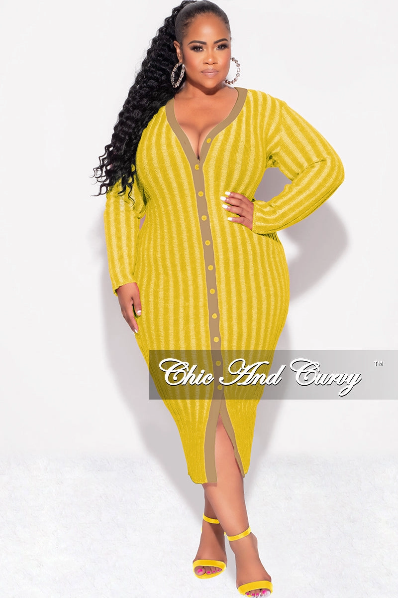 Low Bulk Design Comfort Fit Wear Final Sale Plus Size Collar Button Up Midi Dress in Mustard