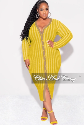Low Bulk Design Comfort Fit Wear Final Sale Plus Size Collar Button Up Midi Dress in Mustard